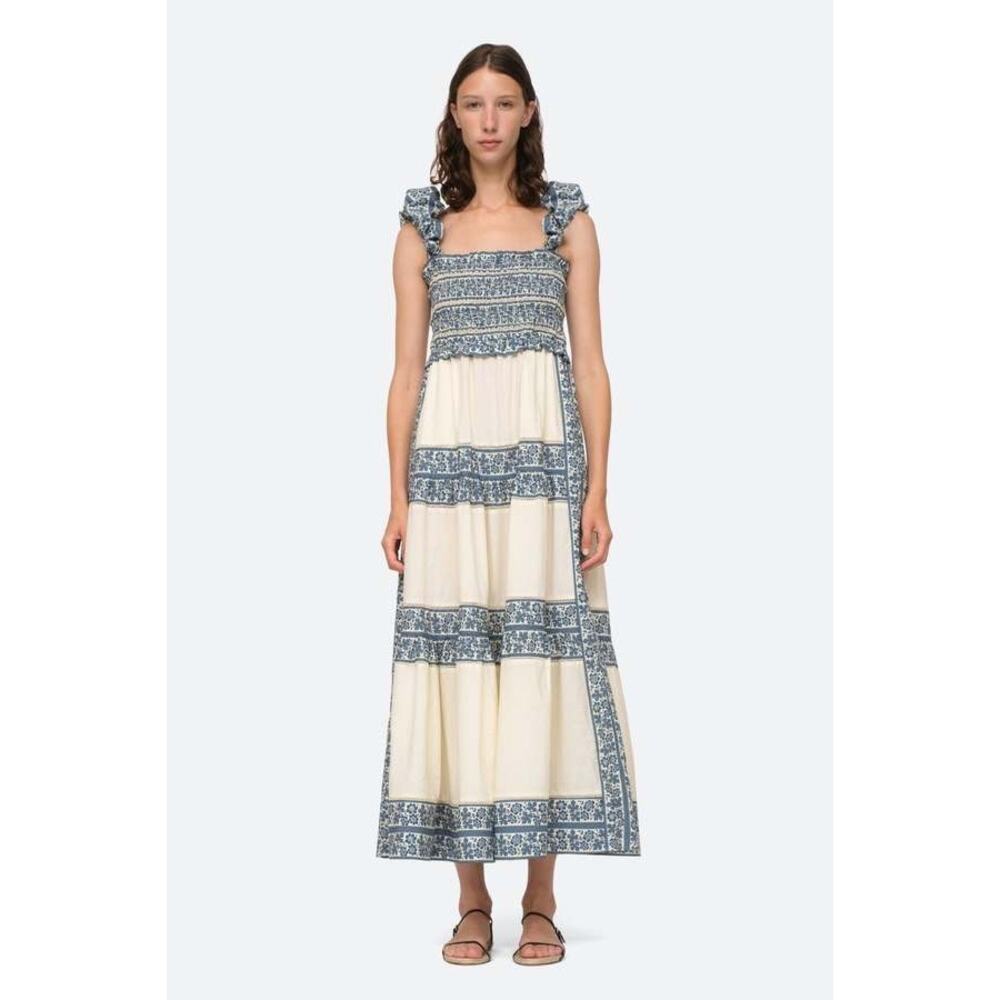 Sea NY M Arlo Print Smocked Blue Ruffle Midi Dress